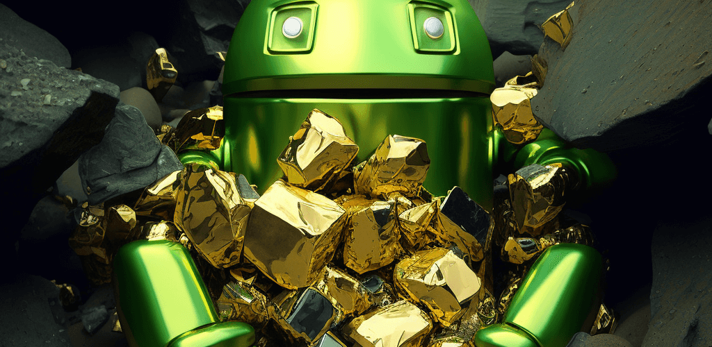 a small happy green Android robot inside a pile of shiny gold inside a gold mine